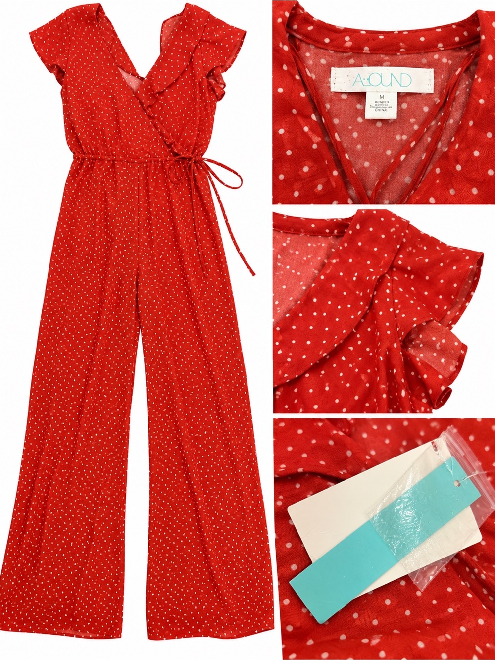 A.L.C. Red Polka Dot Ruffle Wrap Jumpsuit